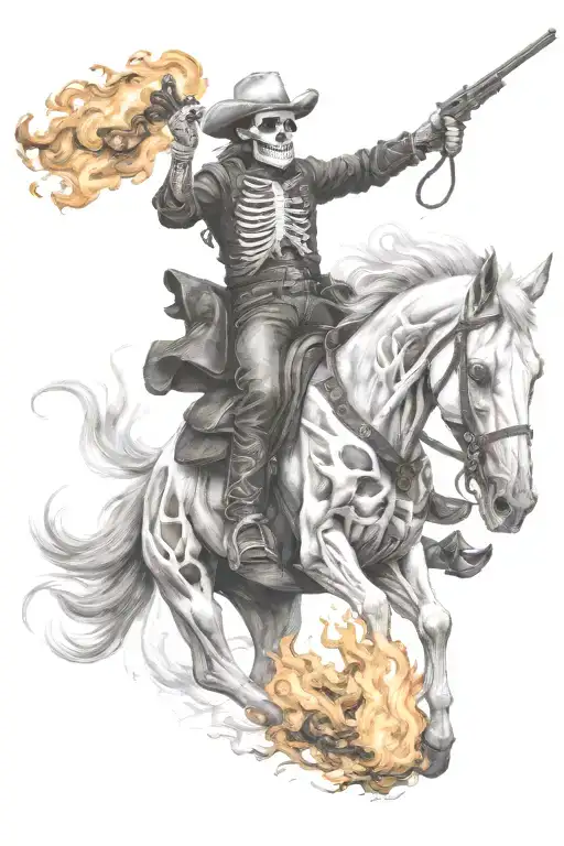 skeleton cowboy, skeleton horse, fire tattoo design idea