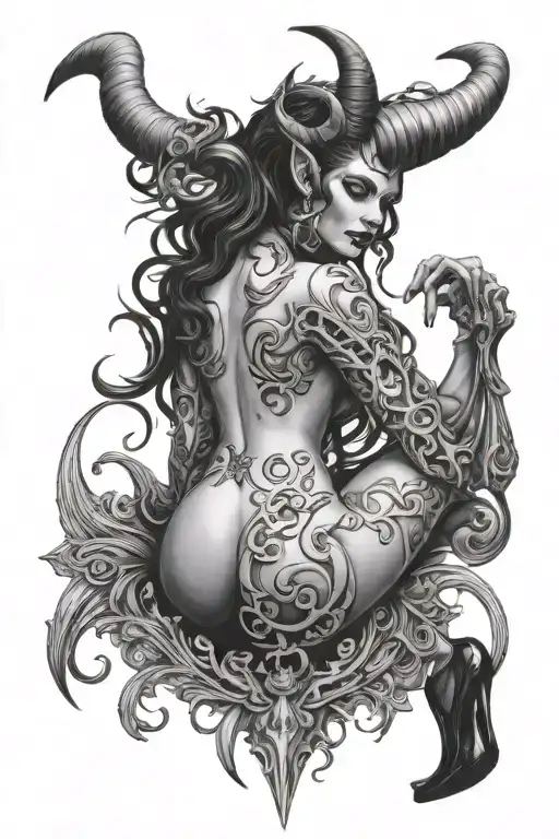 succubus, back and shoulders, sexual, ful body, high heels, large horns tattoo design idea