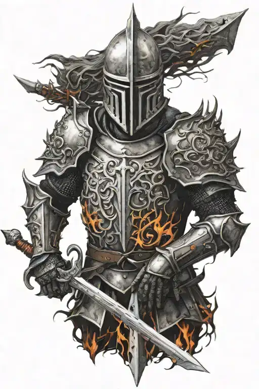 knight on fire, in battle, medevil, thorns, standing alone tattoo design idea