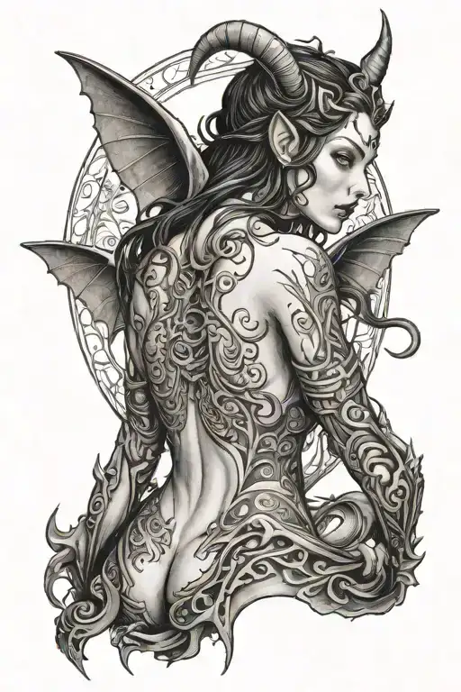 succubus, back and shoulders, sexual tattoo design idea