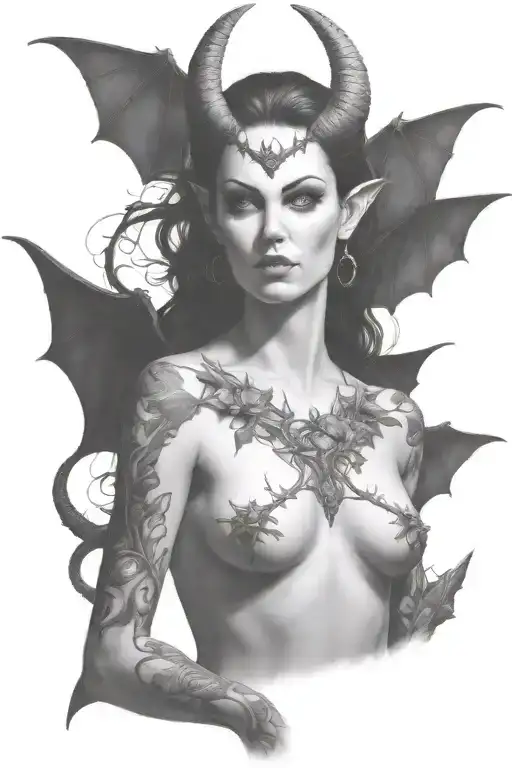 succubus, full body, seductive, large breasted, thorns tattoo design idea