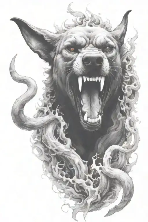 hell hound, smoke, vicious, fire, horns tattoo design idea