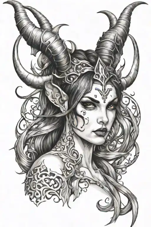 succubus, large breasted, attractive woman, small horns, symetrical horns tattoo design idea