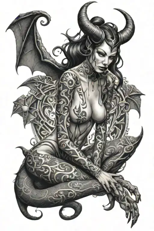 Succubus, Attractive woman, Seductive, Large breasted, full body tattoo design idea
