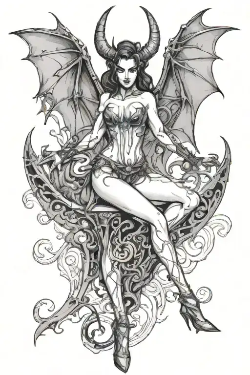 succubus, standing, heels, batwings, large breasted, laced clothing, attractive woman, large horns, seductive, togue out tattoo design idea