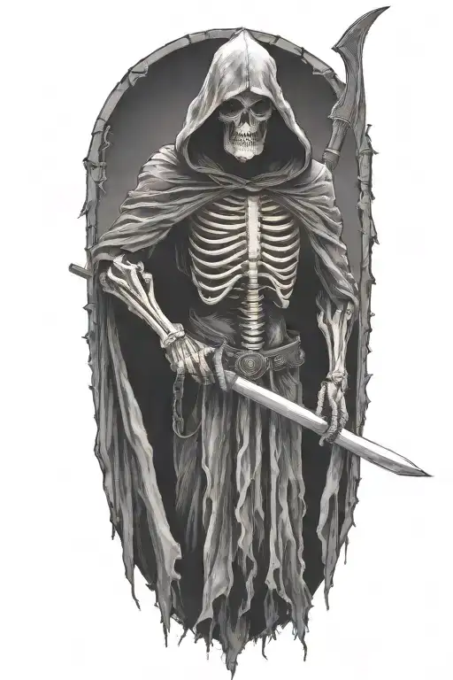 hooded Reaper, darkness,, scary, holding a scythe, blade tattoo design idea