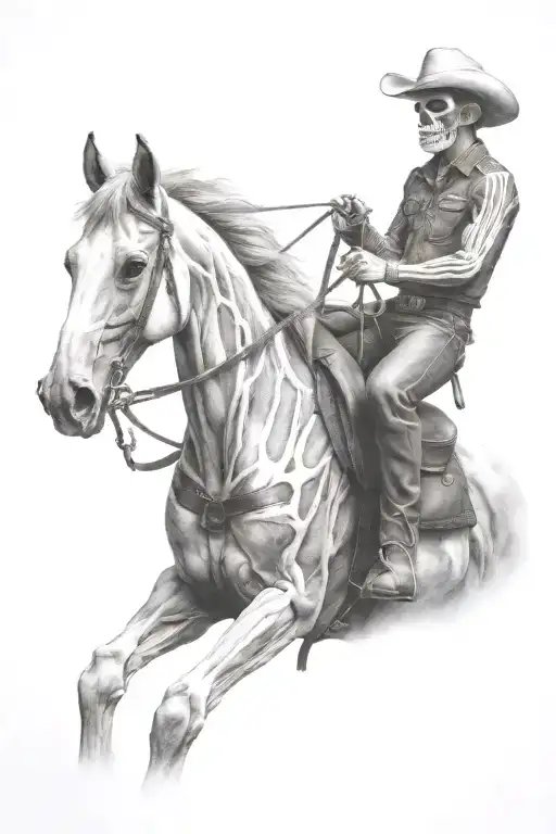 skeleton cowboy, skeleton horse, black and white, detailed tattoo design idea