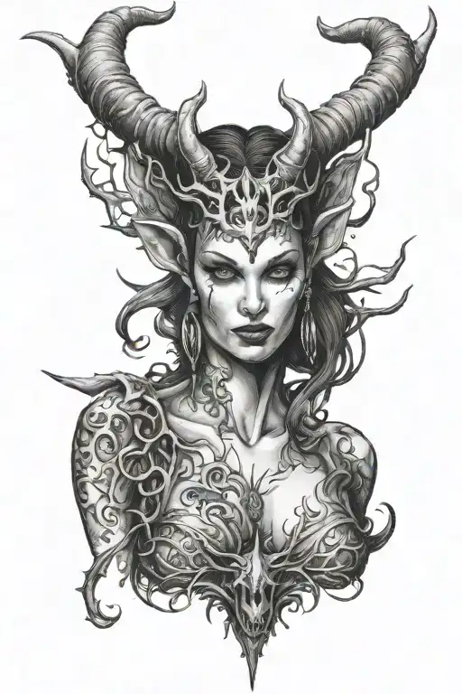 succubus, full body, silohuette, large horns on head, smiling, seductive, symetrical, thorns, large breasted, nude tattoo design idea