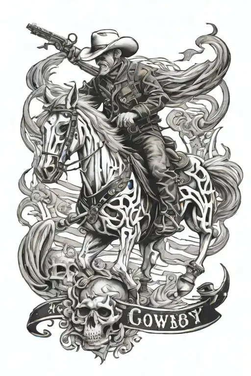 skeleton cowboy, skeleton horse, black and white, detailed tattoo design idea