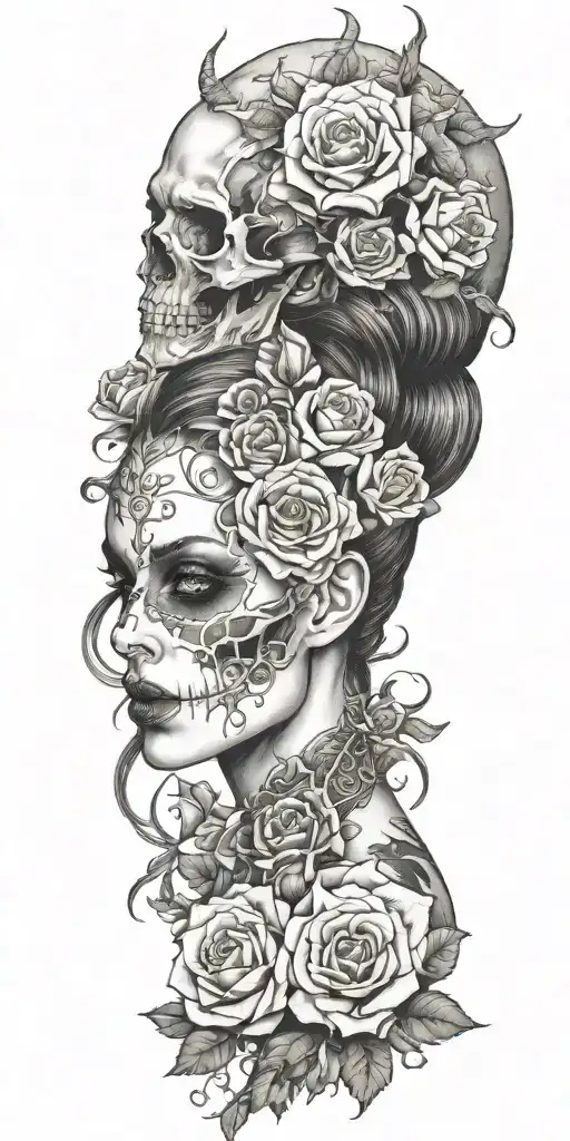 succubus, smoke, thorns, seductive, attractive woman, skulls, roses, horns tattoo design idea