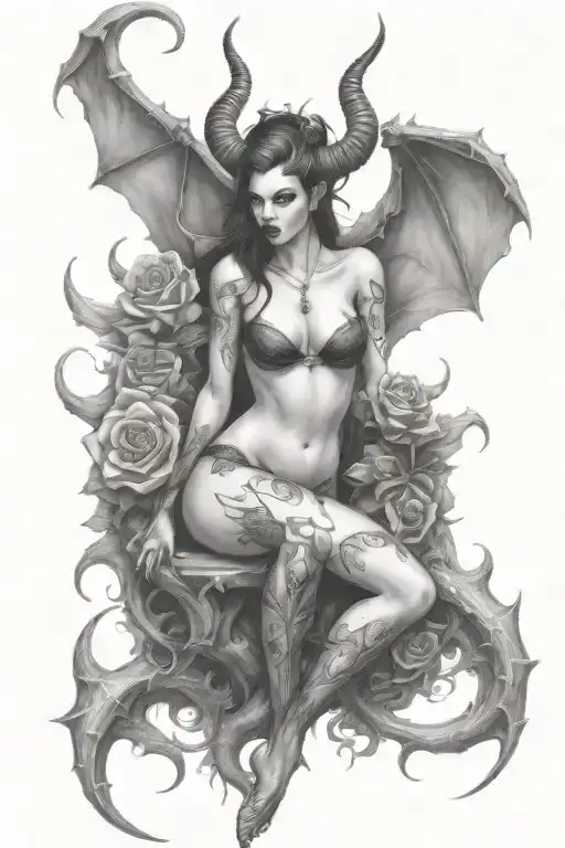 succubus, full body, seductive, large breasted, thorns tattoo design idea