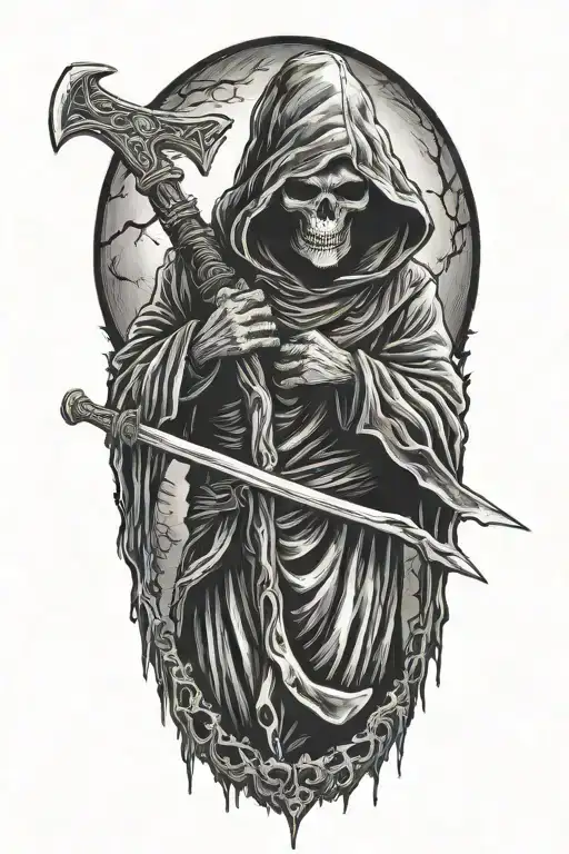 hooded Reaper, darkness,, scary, holding a scythe, blade tattoo design idea