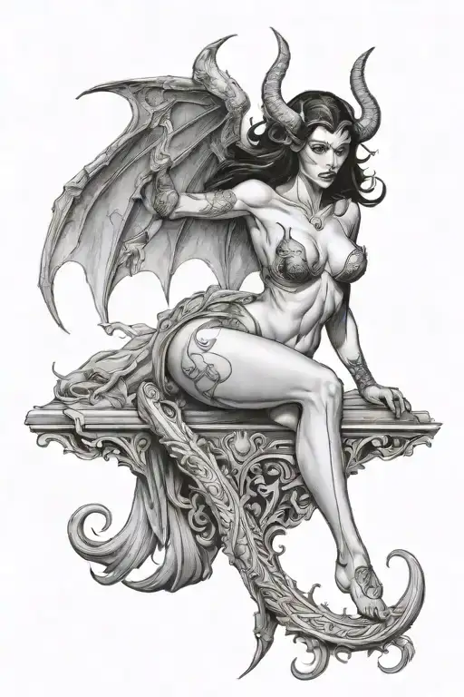 succubus, full body, attractive woman, seductive, sexual stance  tattoo design idea