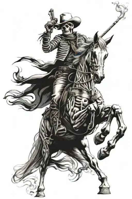skeleton cowboy, smoking, skeleton horse, running tattoo design idea