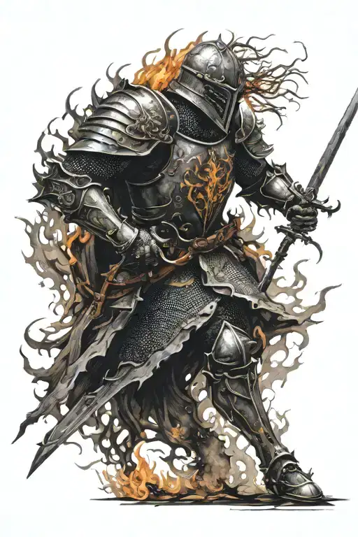 knight on fire, in battle, medevil, thorns, standing alone tattoo design idea