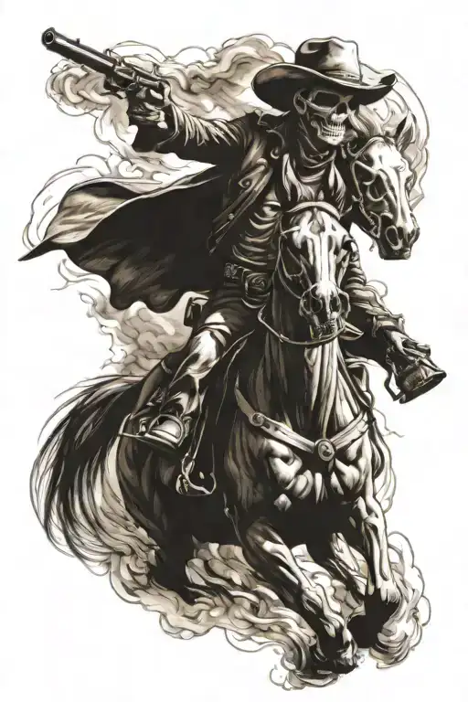 skeleton cowboy, smoking, skeleton horse, running tattoo design idea