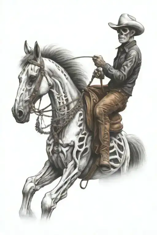 skeleton cowboy, skeleton horse, black and white, detailed tattoo design idea
