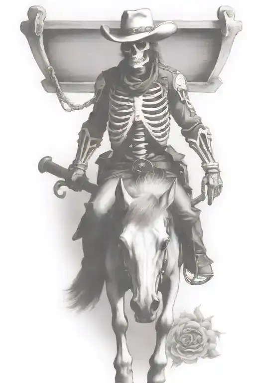skeleton cowboy, skeleton horse, sword drawn tattoo design idea
