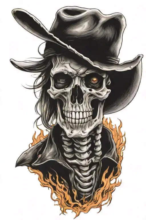 skeleton cowboy, skeleton horse, fire tattoo design idea