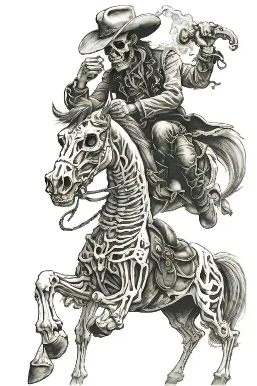 skeleton cowboy, skeleton horse, detailed, smoking tattoo design idea
