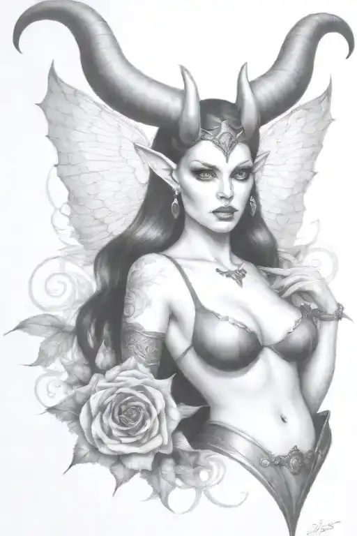 succubus, large breasted, attractive woman, small horns, symetrical horns tattoo design idea