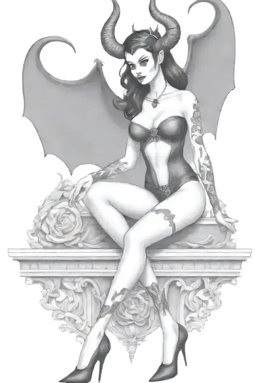 succubus, standing, heels, batwings, large breasted, laced clothing, attractive woman, large horns tattoo design idea