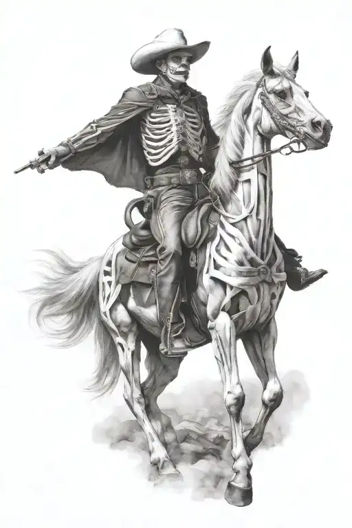skeleton cowboy, skeleton horse, black and white, detailed tattoo design idea