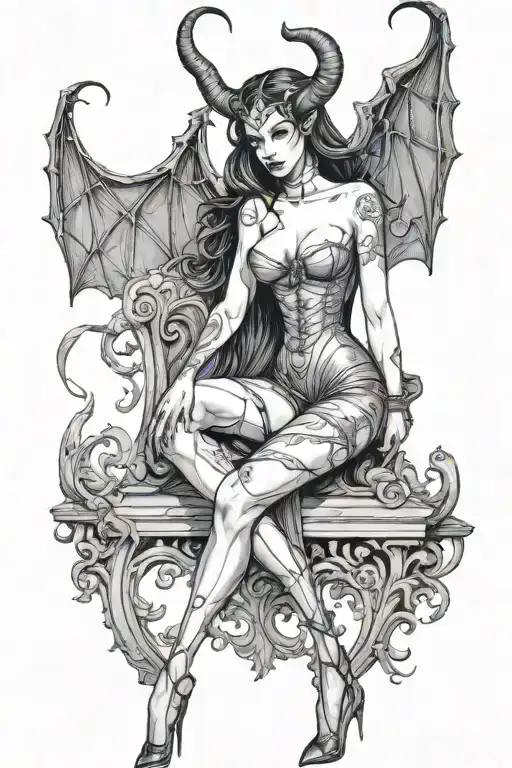 succubus, standing, heels, batwings, large breasted, laced clothing, attractive woman, large horns tattoo design idea