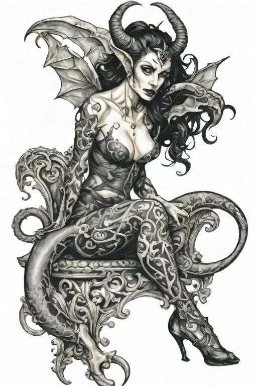succubus, seductive, full body, attractive woman, sexual position tattoo design idea