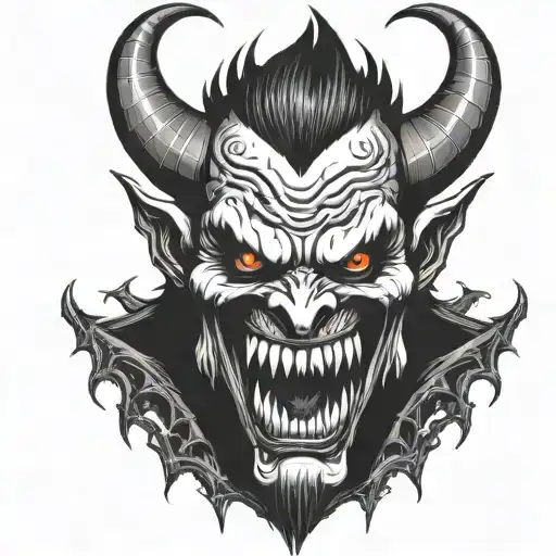 demon face, scary, disgusting scary evil smile, sharp teeth, angry, dark tattoo design idea