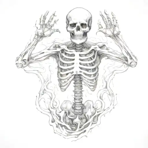 Skeleton suffering burning in hell, dark, scary, torture tattoo design idea