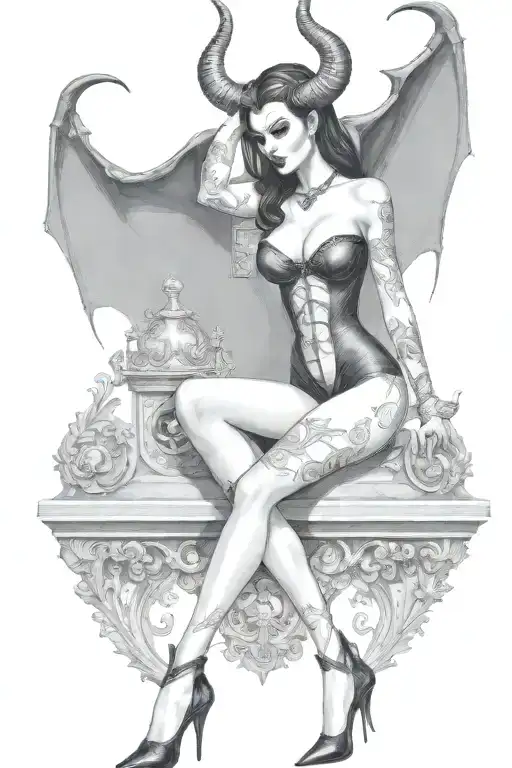 succubus, standing, heels, batwings, large breasted, laced clothing, attractive woman, large horns tattoo design idea