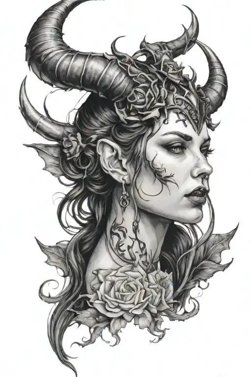 succubus, small head horns, attractive woman, seductive, large reasted tattoo design idea