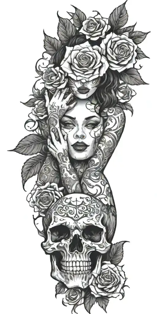 succubus, thorns, smoke, skulls, roses tattoo design idea