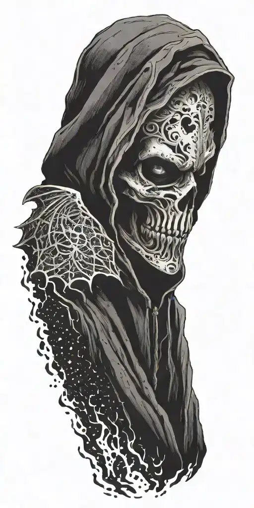 hooded reaper silohuette, smoke, fire, scary, bat wings tattoo design idea