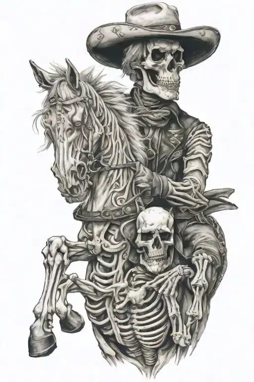 skeleton cowboy, skeleton horse, detailed tattoo design idea