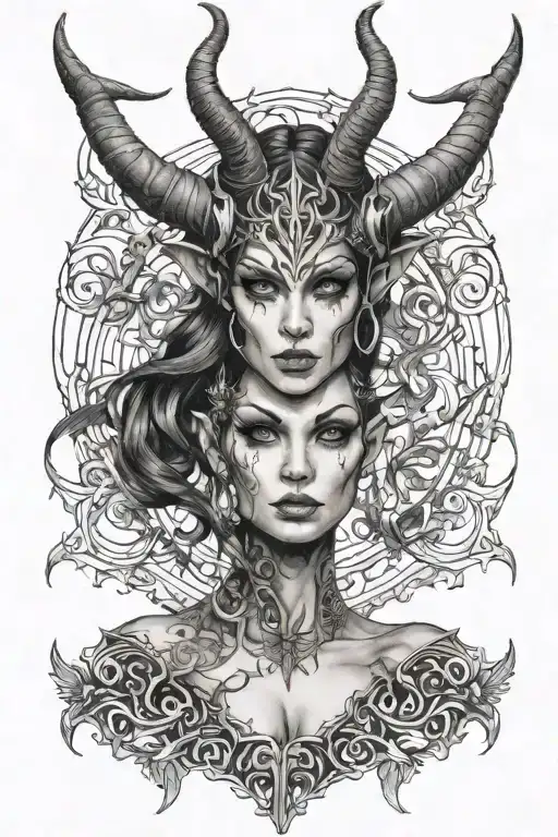 succubus, small head horns, attractive woman, seductive, large reasted, symetrical horns, full body tattoo design idea