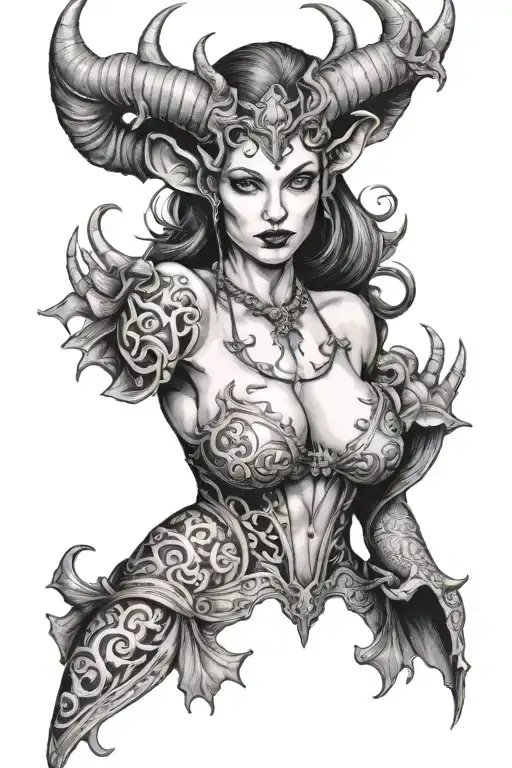 succubus, large breasted, attractive woman, horns, symetrical horns tattoo design idea