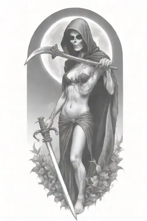 Grim Reaper and a woman, scythe tattoo design idea