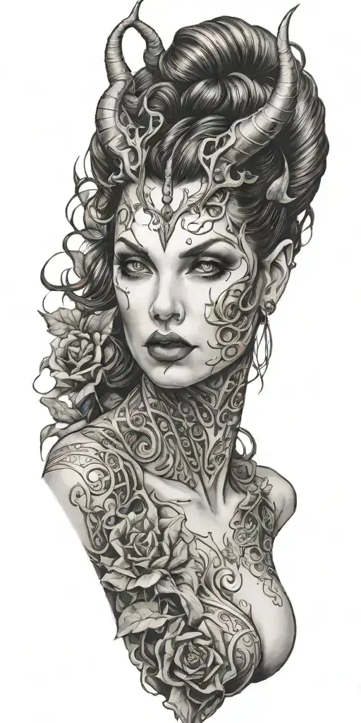 succubus, smoke, thorns, seductive, attractive woman, horns tattoo design idea