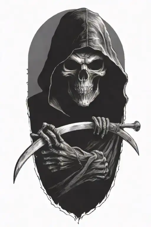 hooded Reaper, darkness,, scary, holding a scythe, blade tattoo design idea