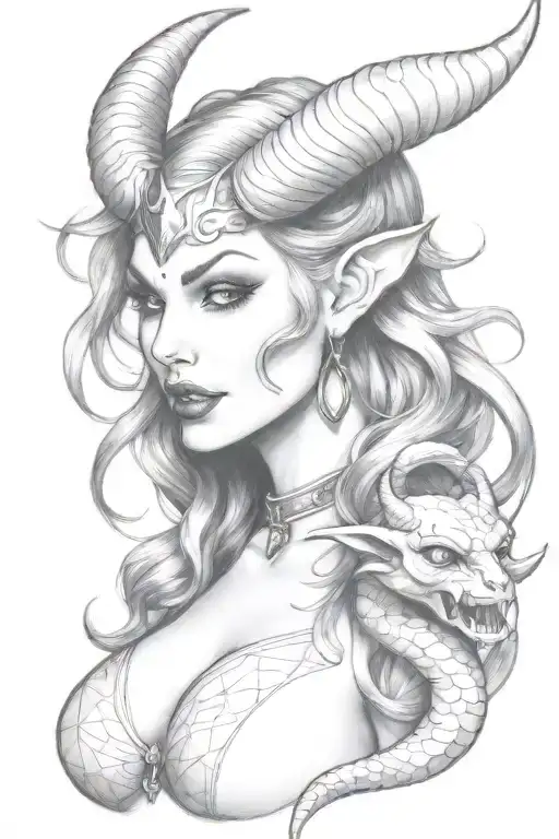 succubus, seductive, tongue out, sexual, large breasted, attractive woman, demoness, twisted horns, smiling tattoo design idea