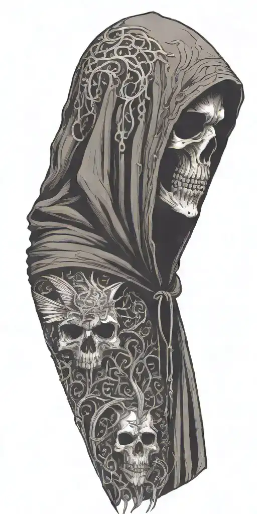 hooded reaper silohuette, smoke, fire, scary, bat wings, thorns tattoo design idea