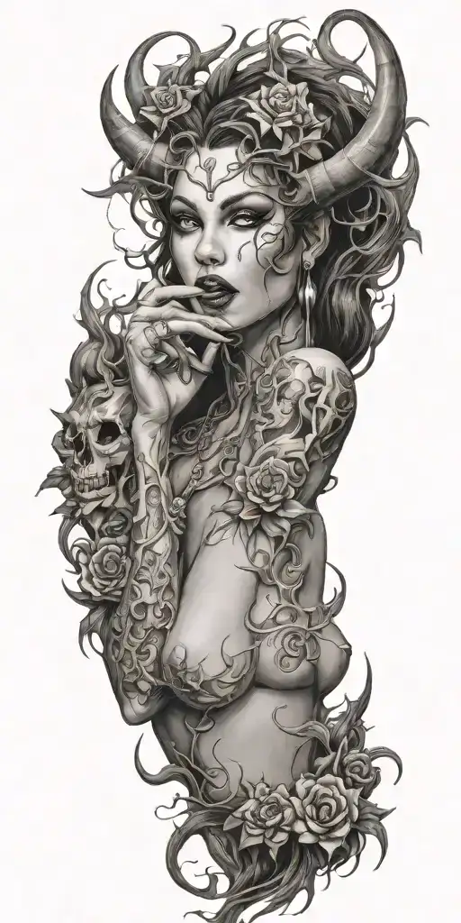 succubus, smoke, thorns, seductive, attractive woman, horns tattoo design idea