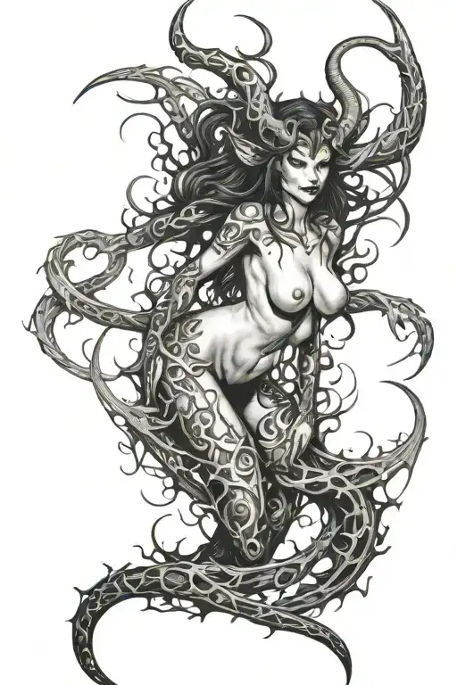 succubus, full body, seductive, large breasted, thorns tattoo design idea