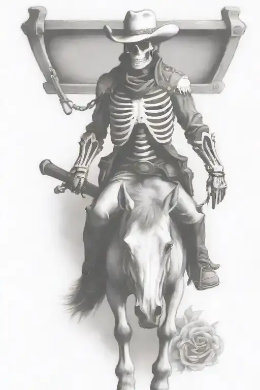 skeleton cowboy, skeleton horse, sword drawn tattoo design idea