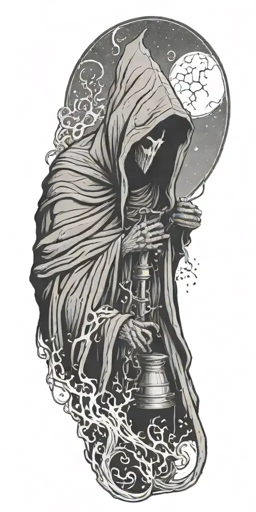 hooded reaper silohuette, smoke, fire, scary, bat wings tattoo design idea