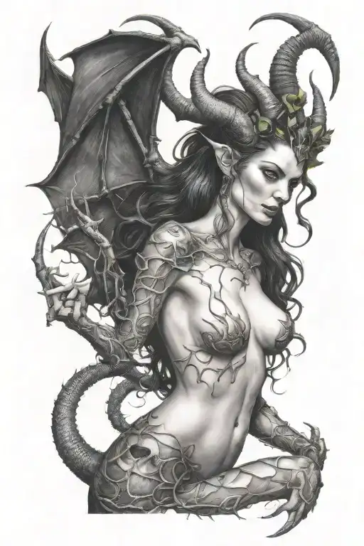 succubus, full body, seductive, large breasted, thorns tattoo design idea