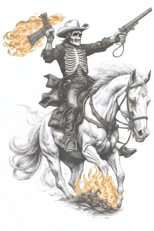 skeleton cowboy, skeleton horse, fire tattoo design idea