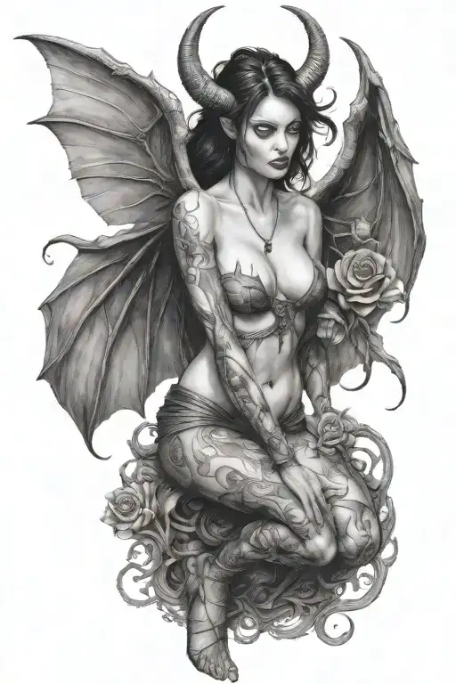succubus, full body, attractive woman, seductive, sexual stance  tattoo design idea